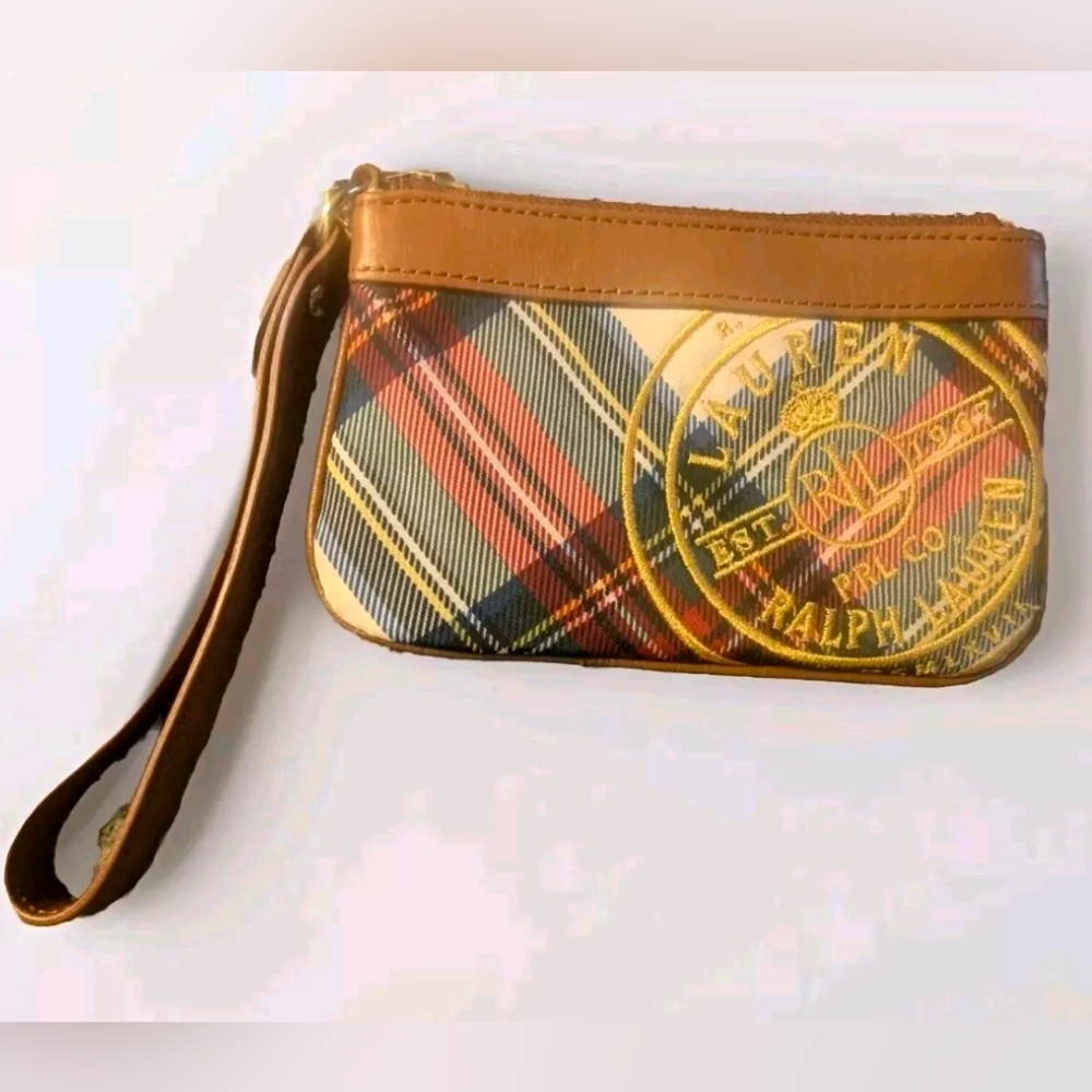 Ralph Lauren RL Polo Stewart Plaid Wristlet Brown Leather Accents Strap
